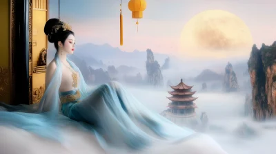 Meditating Woman on Cloud in Asian Fantasy Setting