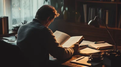 Man Reading a Book at Desk