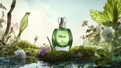 Green perfume bottle on moss with sunlight