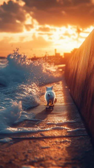 Kitten Riding Skateboard at Sunset