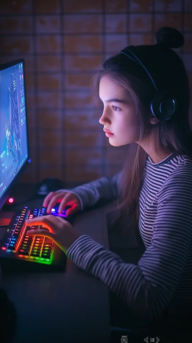 Young Girl Using Mechanical Keyboard