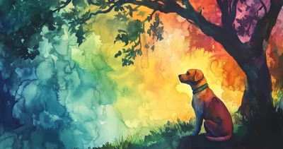 Watercolor Gouache Painting of a Dog Under a Tree