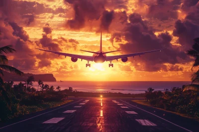 Airplane Landing at Tropical Island Sunset