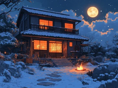 Cozy Anime Style House in the Snowy Night