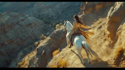 Aerial View of a Canyon with Chinese Heroine on Horseback