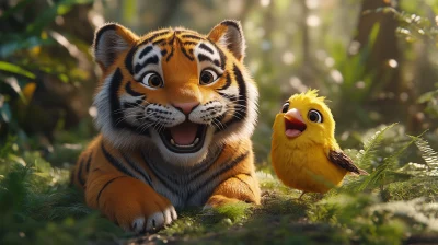 Joyful Tiger and Yellow Bird in the Forest