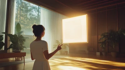 Asian Woman Pinch Gesturing in Midcentury Modern Office