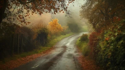 Autumn Rain on English Country Lane