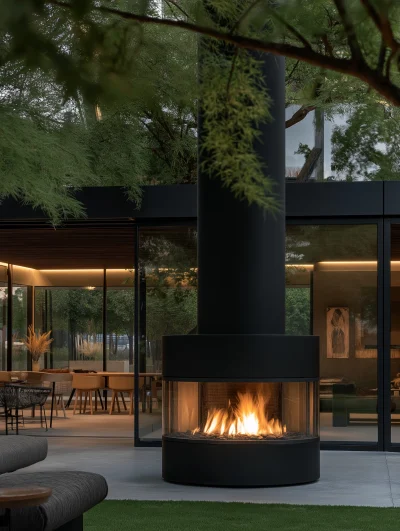 Modern Black Fireplace in Green Surroundings