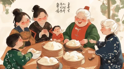 Family making dumplings in ancient China