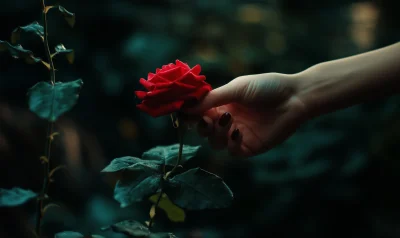 Close-up of a Female Hand Picking a Rose