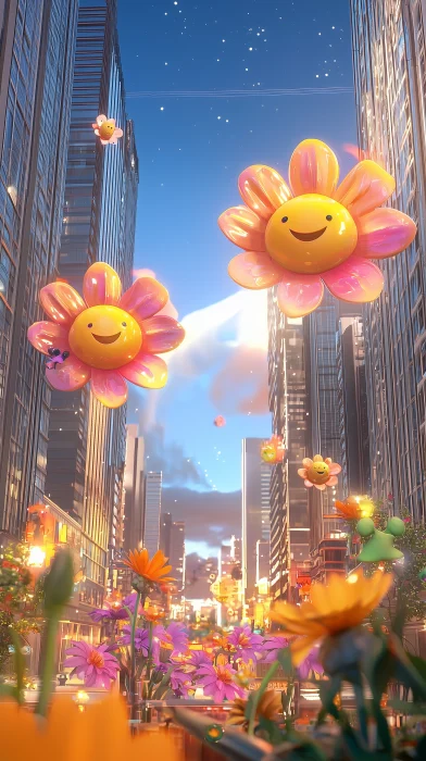 3D Cityscape with Floating Flowers