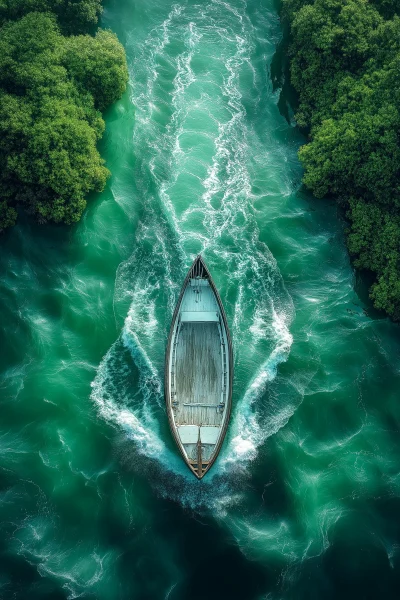 Solo traveler on a boat viewing green waves from above