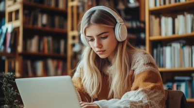 Girl Studying with Headphones on Laptop