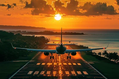 Airplane Landing at Sunset