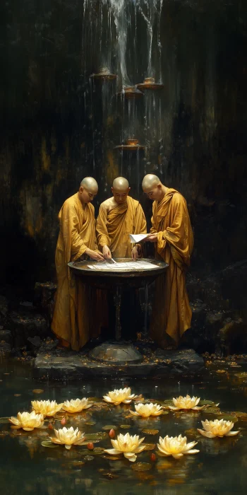 Monks Planning Temple Construction in Art Nouveau Style