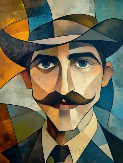 Abstract Cubism Painting of a Man with Mustache and Hat