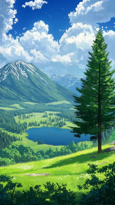 Beautiful Pine Tree in Meadow Landscape