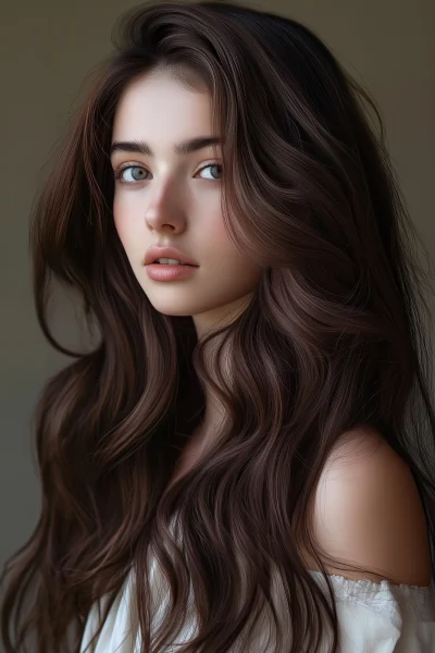 Portrait of a Young Woman with Dark Brown Wavy Hair