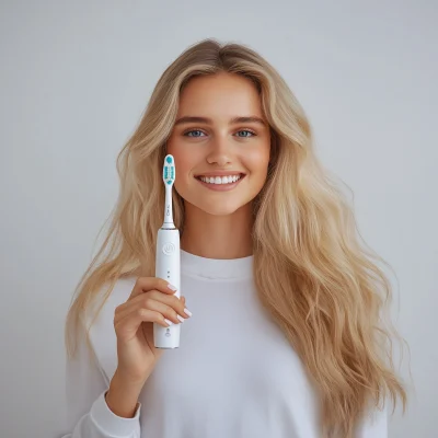 Blonde woman with electric toothbrush