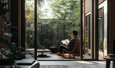 Man Reading Book on Balcony