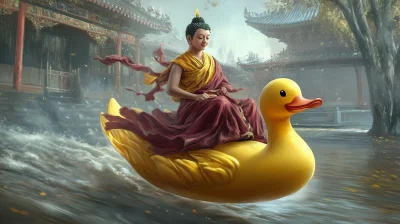 Buddha riding giant rubber duck in Wayne Barlowe style