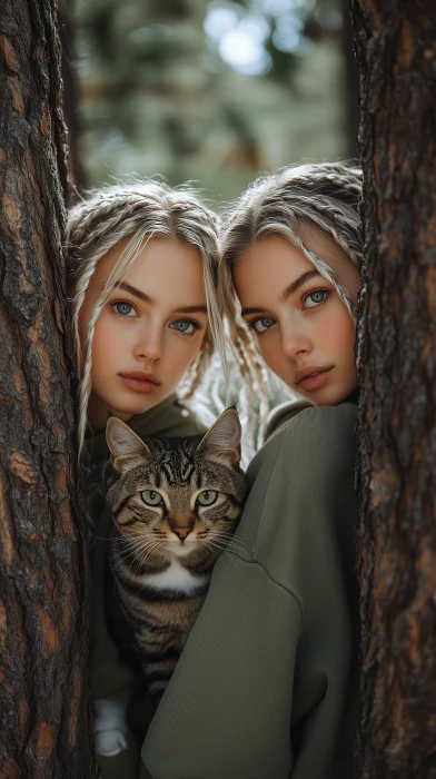 Twin Women in Forest with Cat