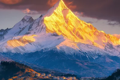 Golden Sunset over Snow-covered Mountains