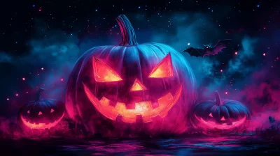 Neon Halloween Pumpkins and Bats Watercolor Illustration