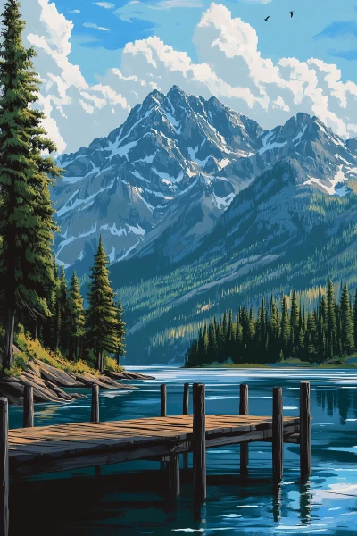 River Pier in Forest with Mountain Background