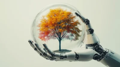 Robotic Arm and Colorful Tree in Glass Sphere