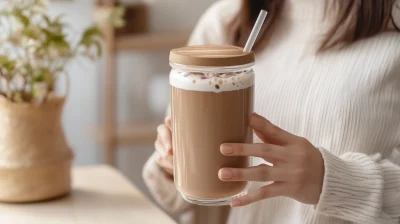 Young Woman with Milk Coffee in Glass