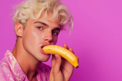 Blond-haired man eating a banana on violet background