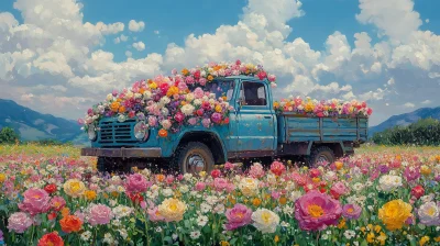 Whimsical Flower-filled Vintage Truck Painting