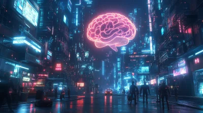 Futuristic Digital City with Floating Hologram Brain