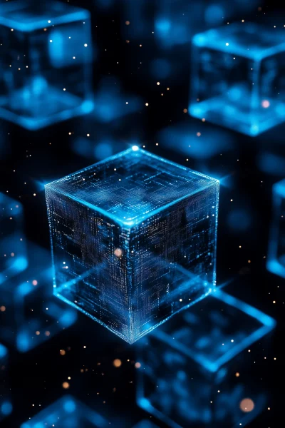 Blue Abstract Cubes with Data and Technology Background