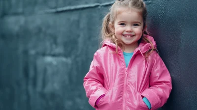 Smiling Caucasian Girl in Pink Raincoat