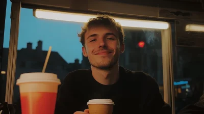 Man Smiling and Drinking Coffee