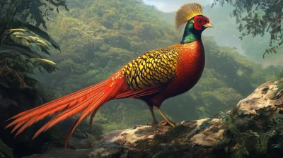 Proud Golden Pheasant in Mountain Clearing