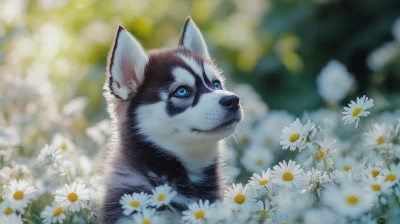 Husky Puppy Sitting in a Bed of Daisies