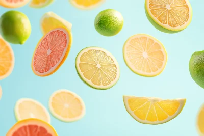 Colorful Citrus Fruits in Flight