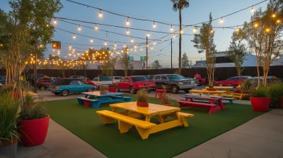 Outdoor Car Show with Fake Turf and Picnic Tables