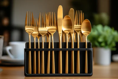 Gold Cutlery Set in Black Metal Organizer