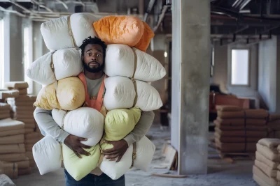 Surprised man in construction site with cushions