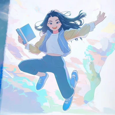 Jumping Girl with Book in Japanese Animation Style