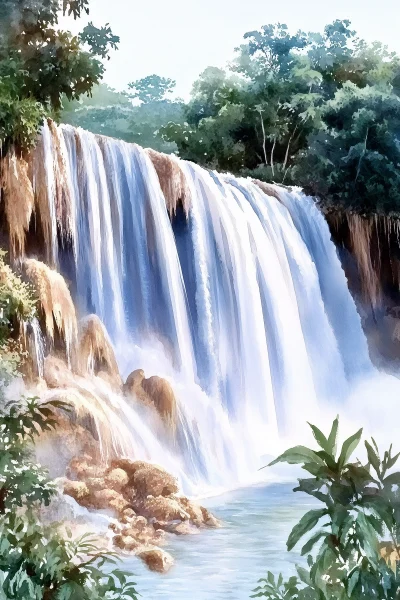 Watercolor Painting of Dominican Republic Waterfall