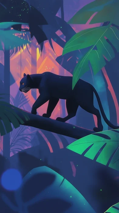 Black Jaguar in Glowing Tropical Forest