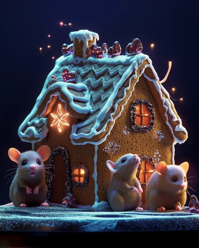 Neon Color Gradient Mice Gnawing on Gingerbread House