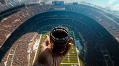 Man looking down at NFL stadium with a jar on his palm