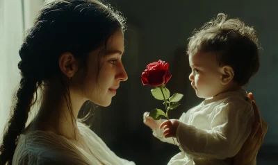 Mother handing rose to her infant son